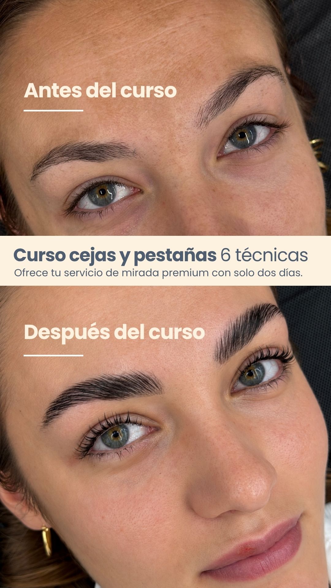 Antes y después del curso de cejas y pestañas de Alisa Beauty Academy
