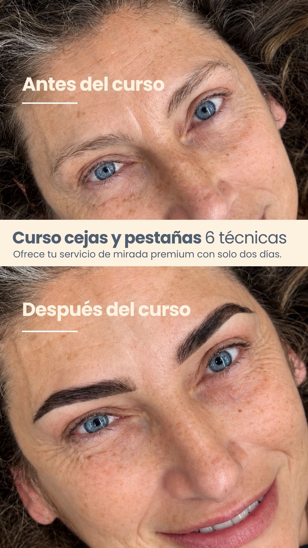 Antes y después de práctica real sobre modelo en el curso de cejas y pestañas